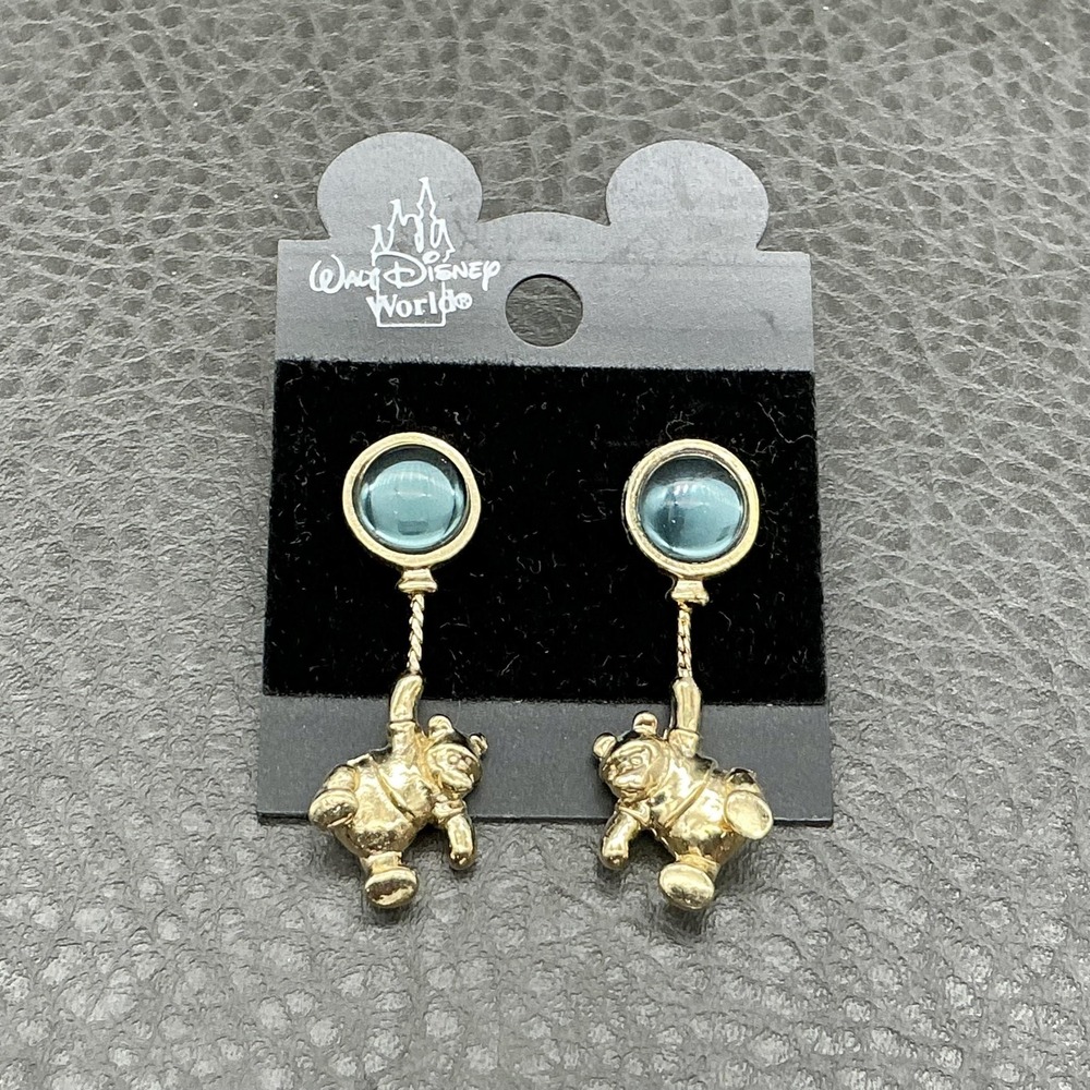 Disney Earrings Gold Tone Blue Glass Dangle Drop Womens Pooh Bear Jewelry